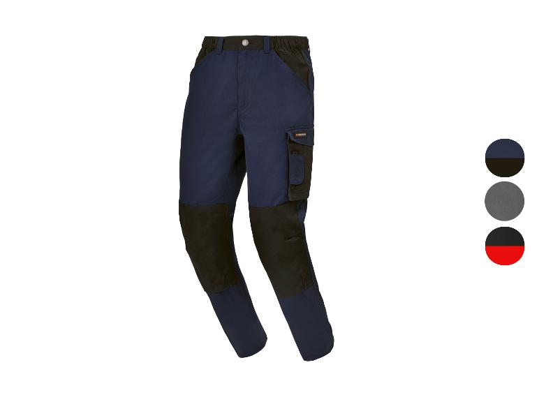 Pantalon de travail bleu marine et noir avec poches latérales et échantillons de couleurs.