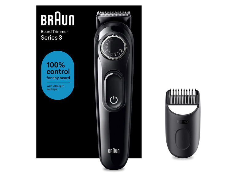 Une tondeuse à barbe Braun Series 3 avec 20 réglages de longueur et un peigne séparé.