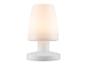 Une lampe de table blanche avec un abat-jour rond.