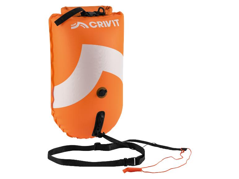 Bouée de natation orange avec une bande blanche, des sangles noires et un sifflet.