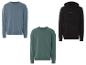 Trois pulls pour hommes : un bleu avec un logo de vélo, un vert et un sweat à capuche noir de New Harbour.