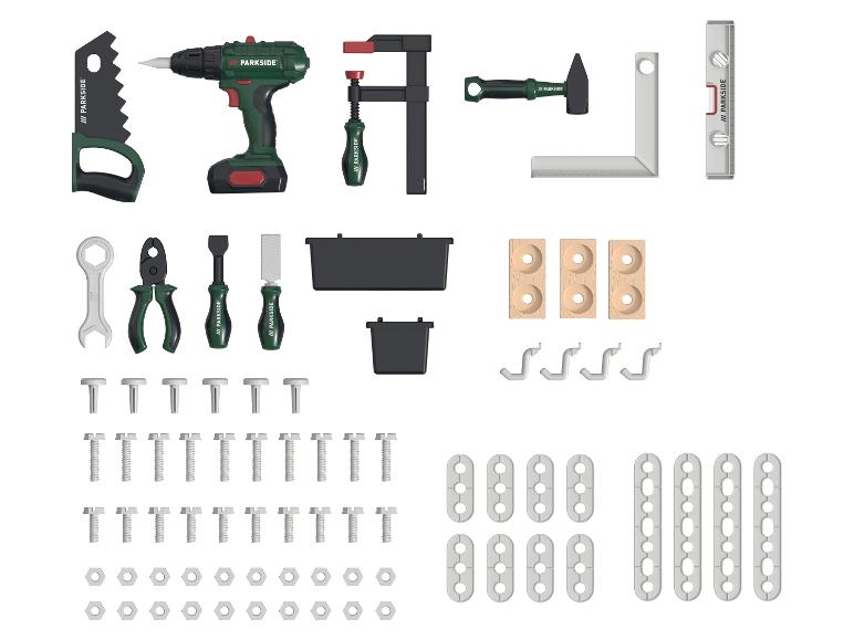 Un ensemble d'outils jouets Parkside, comprenant une perceuse, une scie, une pince, un marteau et des accessoires.