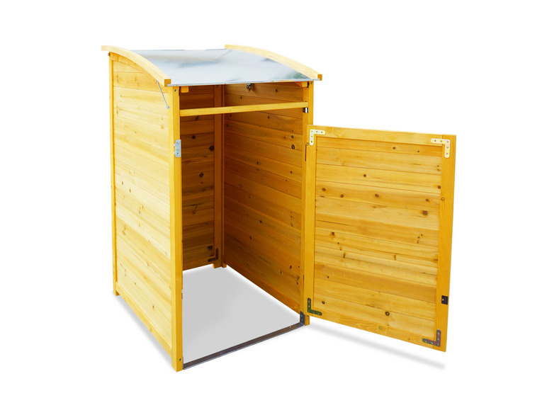 Une boîte de rangement en bois avec un toit en métal