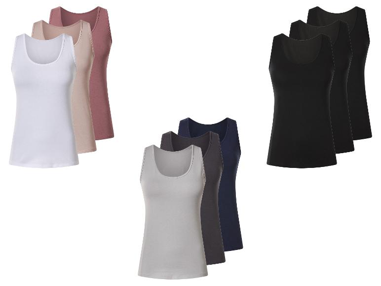 Lot de trois débardeurs pour femmes en blanc, beige et rose, et trois en noir, gris et bleu marine.