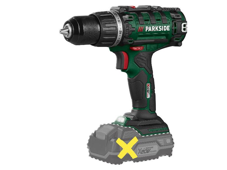 Perceuse sans fil Parkside X 20V Team avec mandrin noir et corps vert.