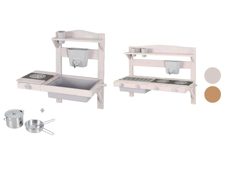 Cuisine en bois pour la boue avec évier, plaques de cuisson et accessoires, en deux modèles.