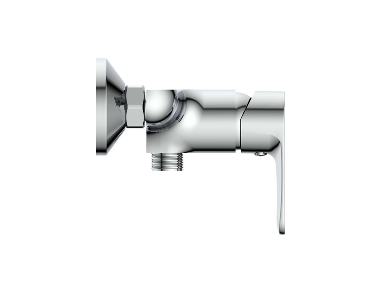 Un pommeau de douche chromé avec une fixation murale.