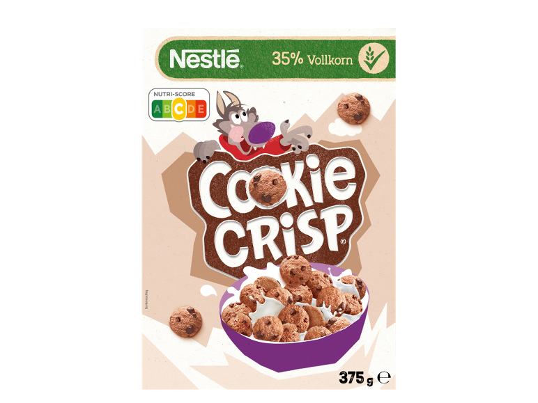 Emballage de céréales aux biscuits au chocolat avec un loup de dessin animé et un bol de lait.