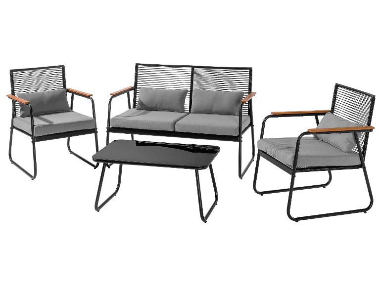 Ensemble de mobilier de jardin avec cadres noirs, coussins gris et accoudoirs en bois.