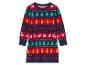 Un pull de Noël rouge avec des motifs de rennes, de cloches et de sapins.