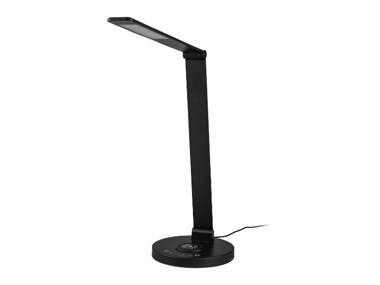 Lampe de bureau LED noire avec chargeur sans fil.