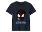 T-shirt enfant bleu foncé avec masque de super-héros à paillettes et texte « SPIDER-MAN ».