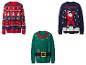 Trois pulls de Noël : un rouge avec des bonhommes de neige, un vert d'elfe et un bleu avec un Père Noël dansant.