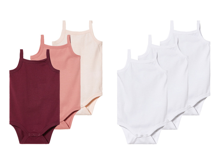 Trois bodies blancs et trois de couleurs pour bébés.