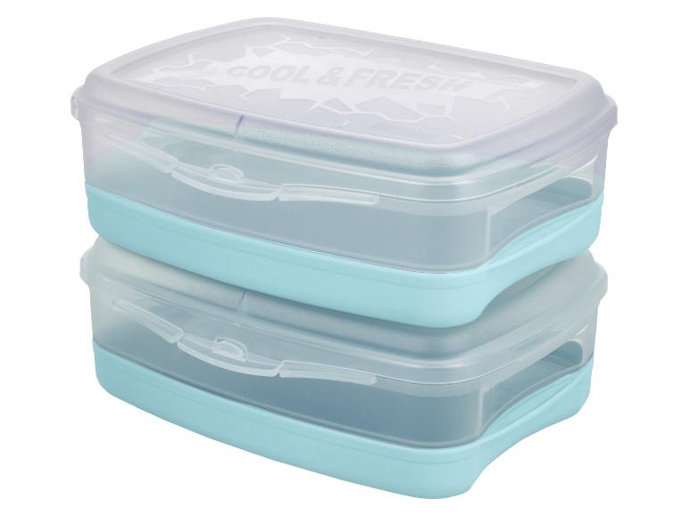Deux boîtes alimentaires empilées bleues et transparentes avec le texte « COOL & FRESH ».