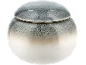 Pot rond en céramique avec couvercle, avec glaçure dégradée grise et blanche.