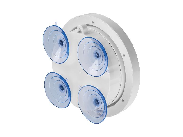 Miroir de douche rond blanc avec quatre ventouses bleues à l'arrière