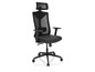 Un fauteuil de bureau noir avec un dossier en maille et des accoudoirs.