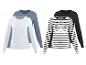 Lot de quatre t-shirts à manches longues pour femmes : deux unis (blanc, bleu) et deux rayés (noir, blanc-noir).