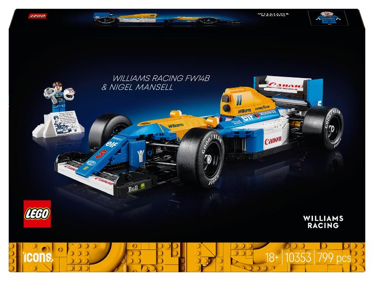 Voiture de course LEGO Icons Williams Racing FW14B et figurine de Nigel Mansell.