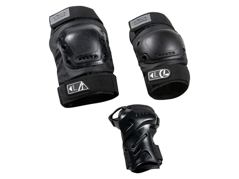 Un ensemble de protections de genoux et de coudes noires Hudora.