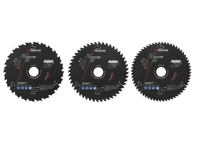 Trois lames de scie circulaire noires pour bois avec différentes spécifications et marquages.