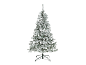Sapin de Noël artificiel enneigé avec support, sur fond noir.