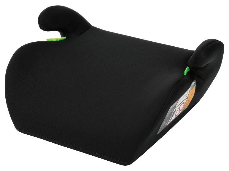 Siège rehausseur noir pour enfant avec des détails vert fluo.