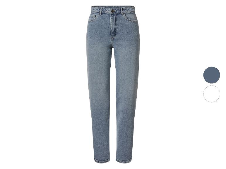 Jean denim bleu taille haute et coupe droite.