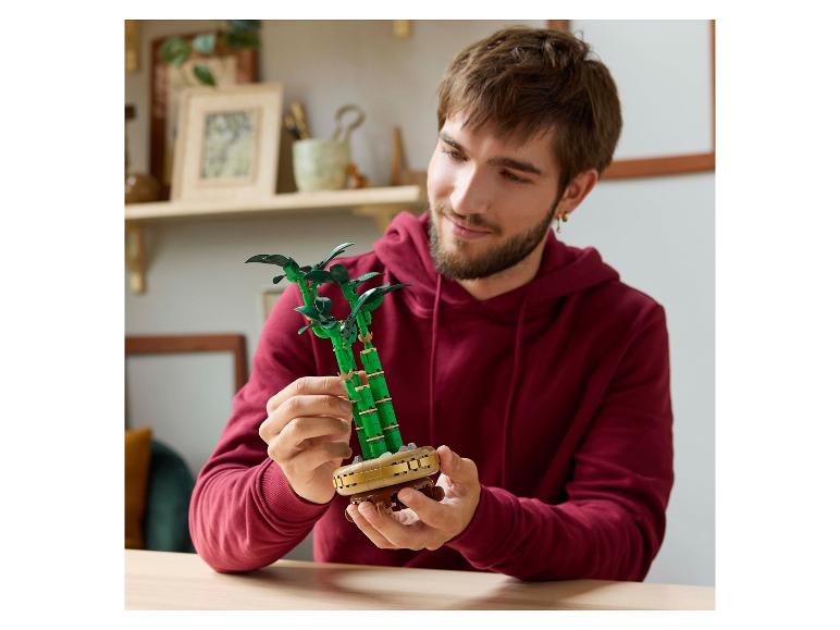Un homme souriant tient un bonsaï en briques de construction vertes et marron.
