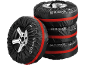 Sacs de rangement noirs pour pneus avec sangles rouges, avec graphique de roue de voiture.