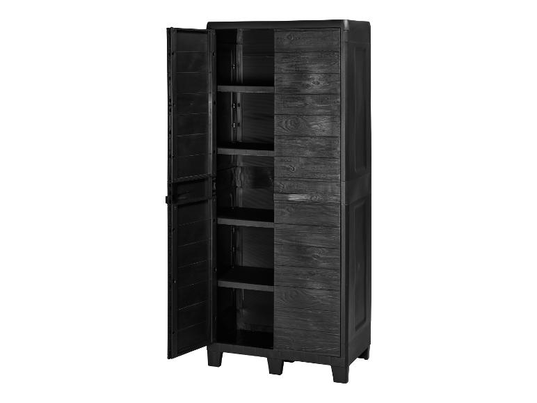 Armoire de rangement noire en plastique avec une porte ouverte et des étagères