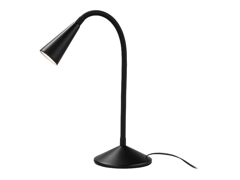 Une lampe de bureau flexible noire avec un abat-jour conique.