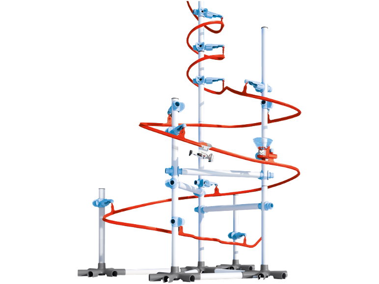 Grand circuit à billes avec tubes en plastique blanc et rails orange