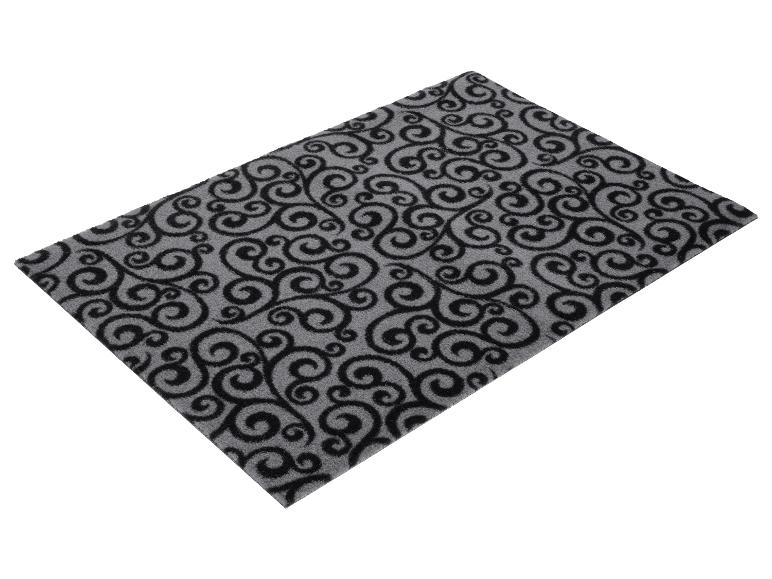 Paillasson gris avec un motif bouclé noir.