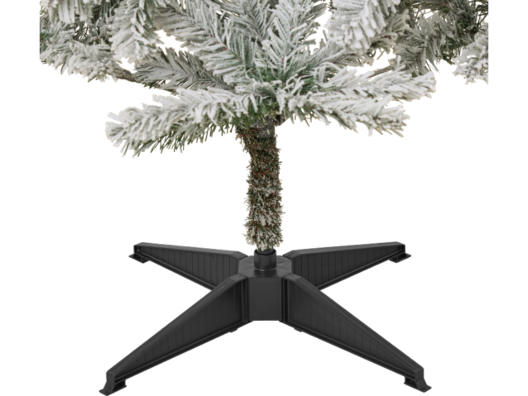 Sapin de Noël artificiel enneigé avec support en plastique noir.