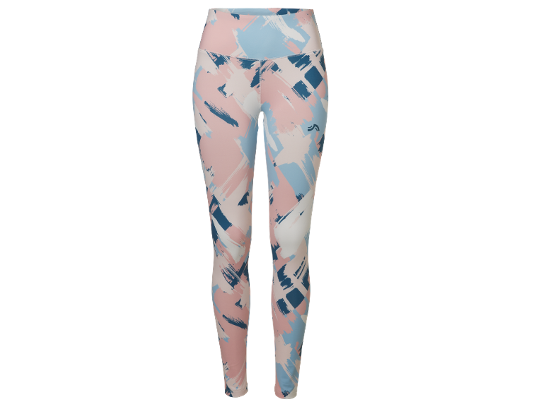 Legging de sport avec motif abstrait de coups de pinceau en rose, bleu et blanc.