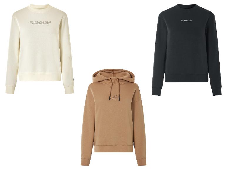 Trois sweats U.S. Grand Polo : un col rond beige, un col rond noir et un sweat à capuche marron.