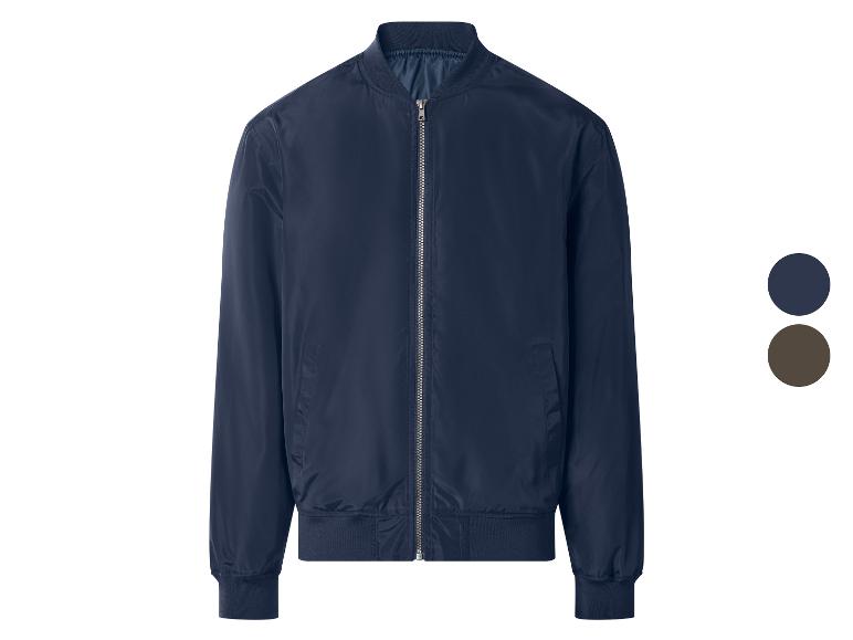 Blouson bomber bleu foncé pour homme avec fermeture éclair et deux options de couleur.