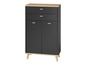 Une armoire noire avec deux portes et deux tiroirs sur des pieds en bois.