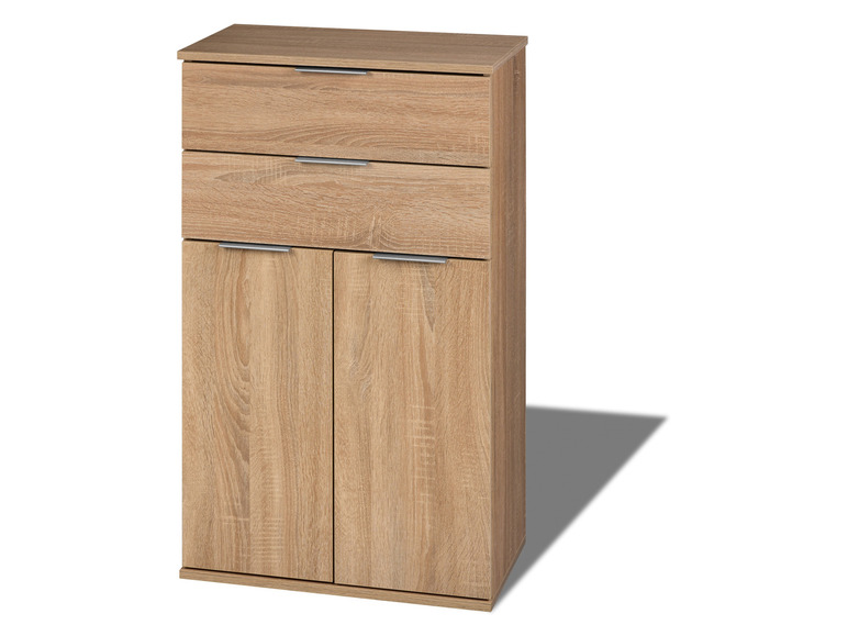 Une armoire en bois avec deux portes et deux tiroirs.