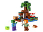 Un set LEGO Minecraft avec un arbre, un zombie et un personnage avec une pioche.