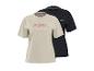Deux t-shirts à manches courtes, un beige avec un motif de montagnes et un noir uni.