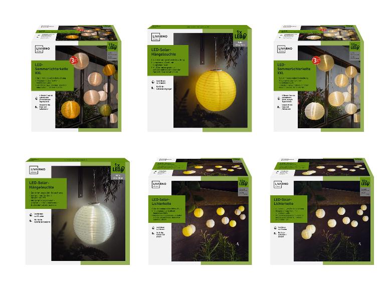 Lanterne solaires LED et guirlandes lumineuses LIVARNO home de différentes couleurs et tailles.