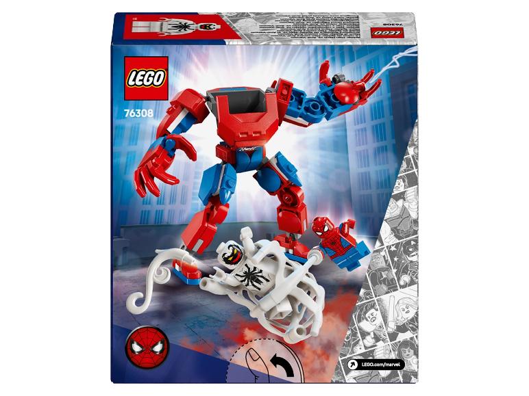 Ensemble de jouets avec un robot rouge et bleu, une figurine Spider-Man et une figurine Venom blanche.