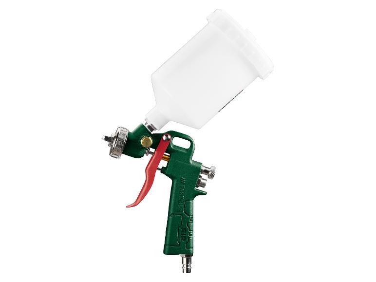 Pistolet pulvérisateur vert Parkside avec godet de peinture blanc