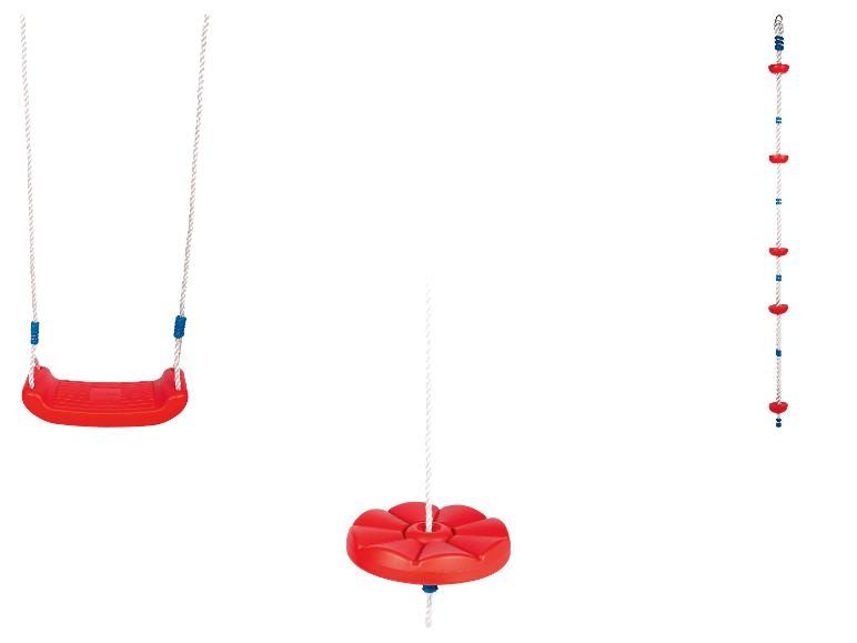 Balançoire rouge et corde à grimper avec disques rouges et bleus