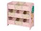 Étagère de rangement rose pour enfants avec bacs en tissu et motifs animaux.