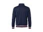 Veste de survêtement homme bleu marine avec poignets et ourlet rayés blanc et rouge, vue arrière.