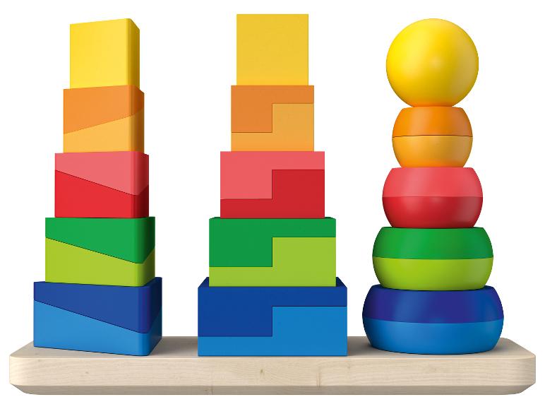 Jouet en bois avec des blocs et des boules de couleurs à empiler.